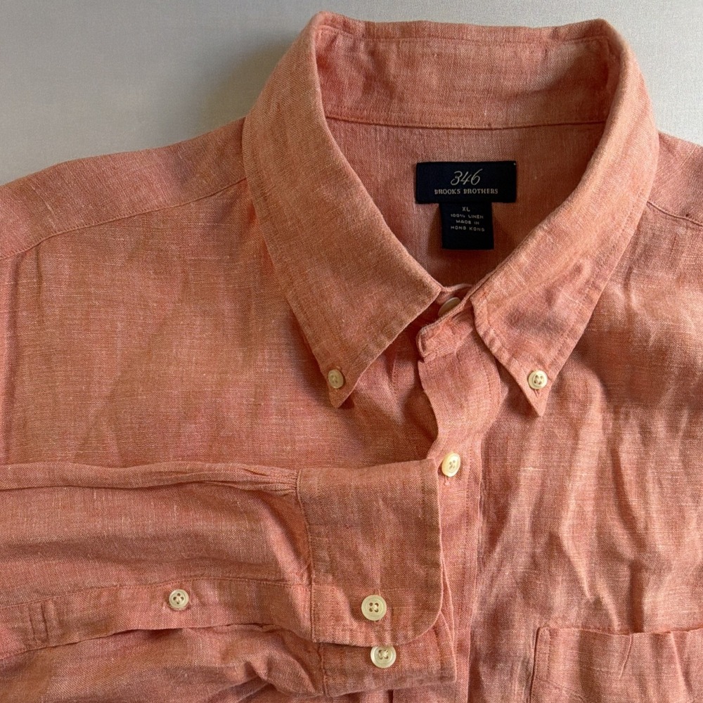 Brooks Brothers 346 Shirt Mens XL Peach Solid Linen Button Down Long Sleeve